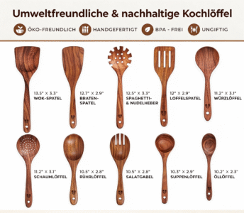 Holzlöffel zum Kochen – 10-teiliges ungiftiges Teak-Küchenutensilien-Set Inklusive Spatel, Pfannenwender, Schöpflöffel, Skimmer, Nudelheber und Salatgabel; hitzebeständig, antihaftbeschichtet – Bild 5