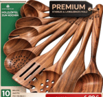 Holzlöffel zum Kochen – 10-teiliges ungiftiges Teak-Küchenutensilien-Set Inklusive Spatel, Pfannenwender, Schöpflöffel, Skimmer, Nudelheber und Salatgabel; hitzebeständig, antihaftbeschichtet