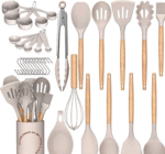 Umite Chef 24-teiliges Silikon-Küchenutensilien-Set, hitzebeständig, antihaftgeeignet, mit Holzgriffen & Aufbewahrungsbehälter, Khaki – Bild 4